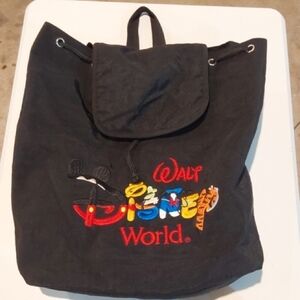 Disney Black Nylon Drawstring Backpack with Colorful Logo Embroidered Vintage